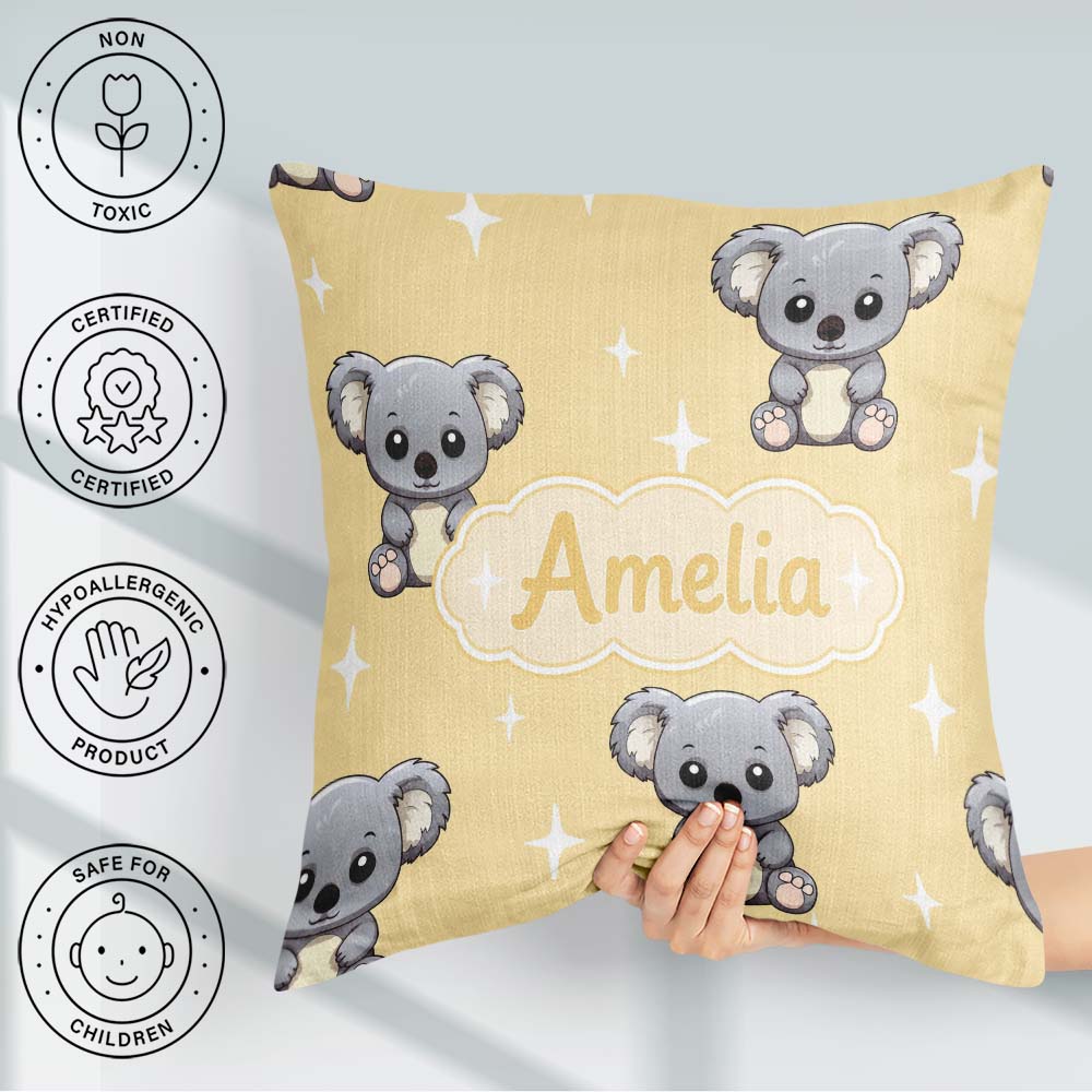 Custom Name Cute Baby Koala Bears on Soft Beige Seamless Pattern Square Filled Cushion Throw Pillow Sofa Bed Home Decor Zip Washable UK Made