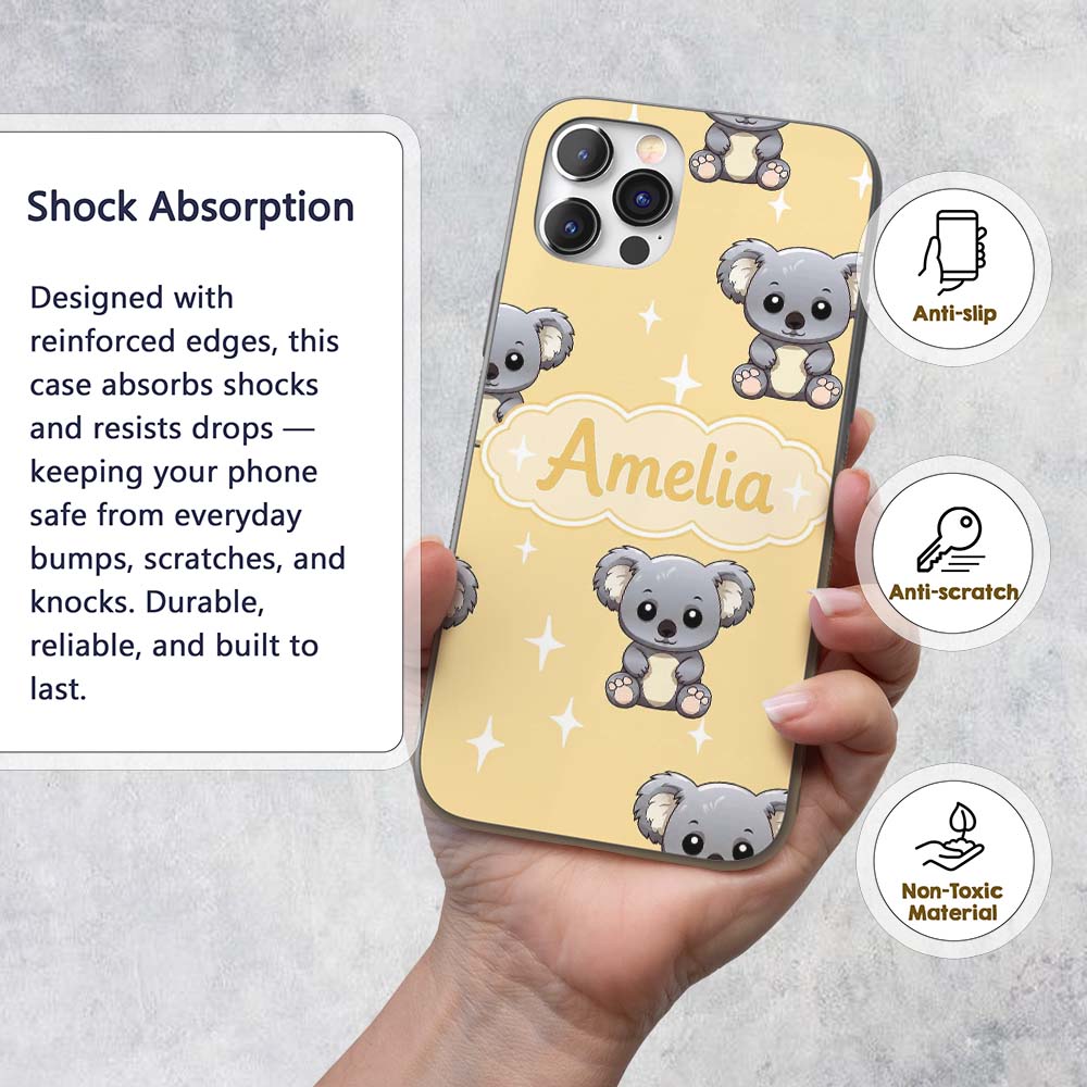 Cute Baby Koala Bears on Soft Beige Background Custom Name Protective Phone Case Mobile Cover Durable Everyday Smartphone Shock Resistant