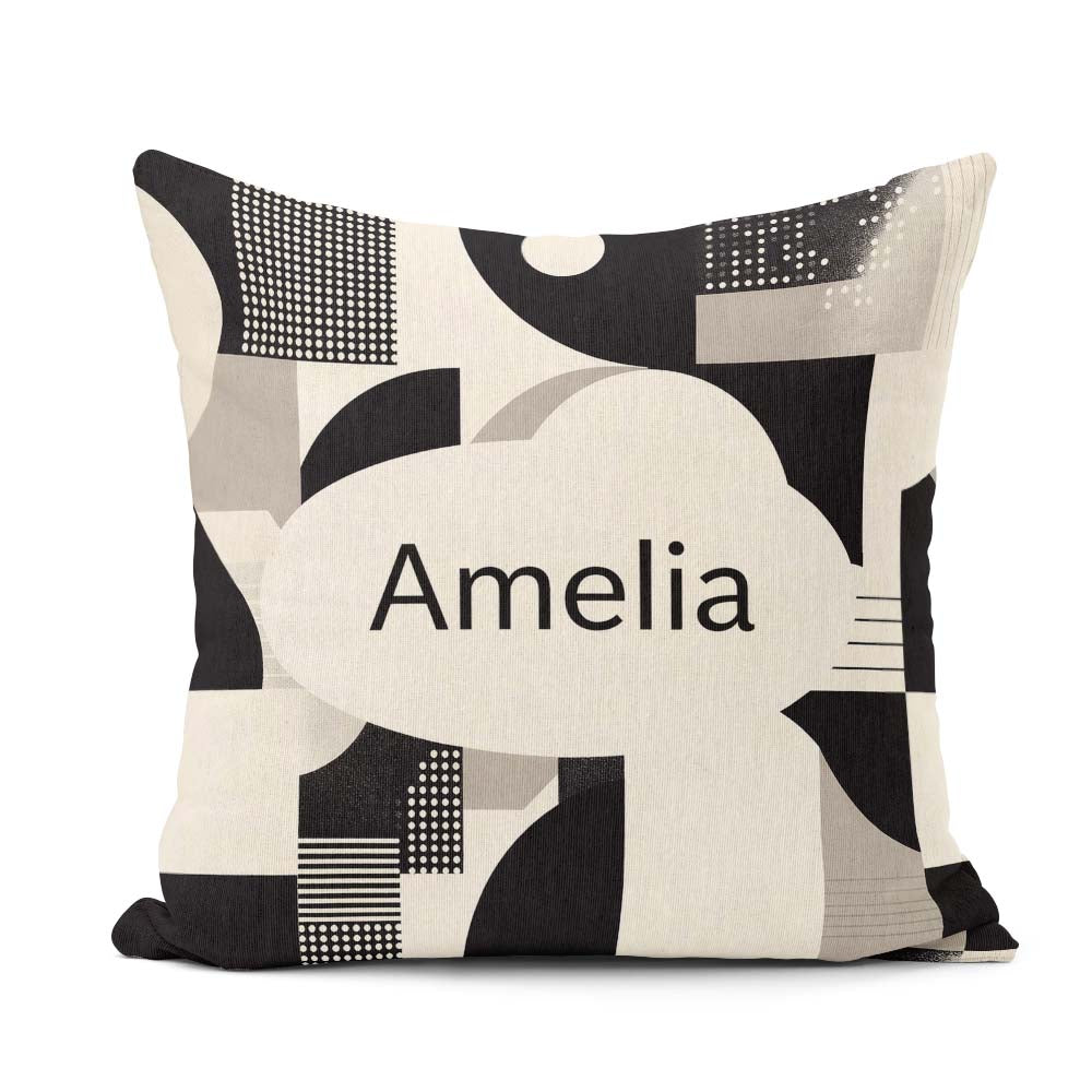 Custom Name Modern Geometric Circles Black Cream Century Pattern Square Filled Cushion Throw Pillow Sofa Bed Home Decor Zip Washable UK Made