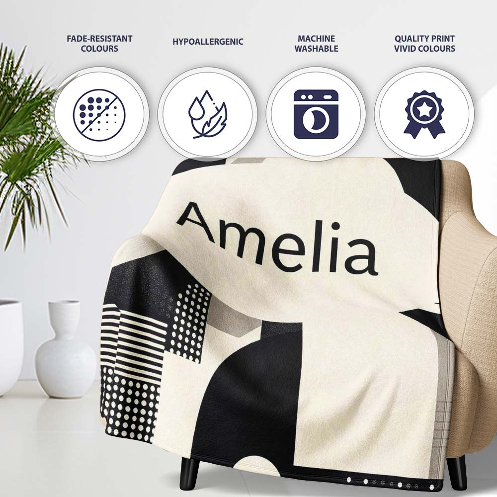 Modern Geometric Circles Black Cream Mid Century Abstract Pattern Personalised Custom Name Super Soft Fleece Blanket Bed Sofa Throw