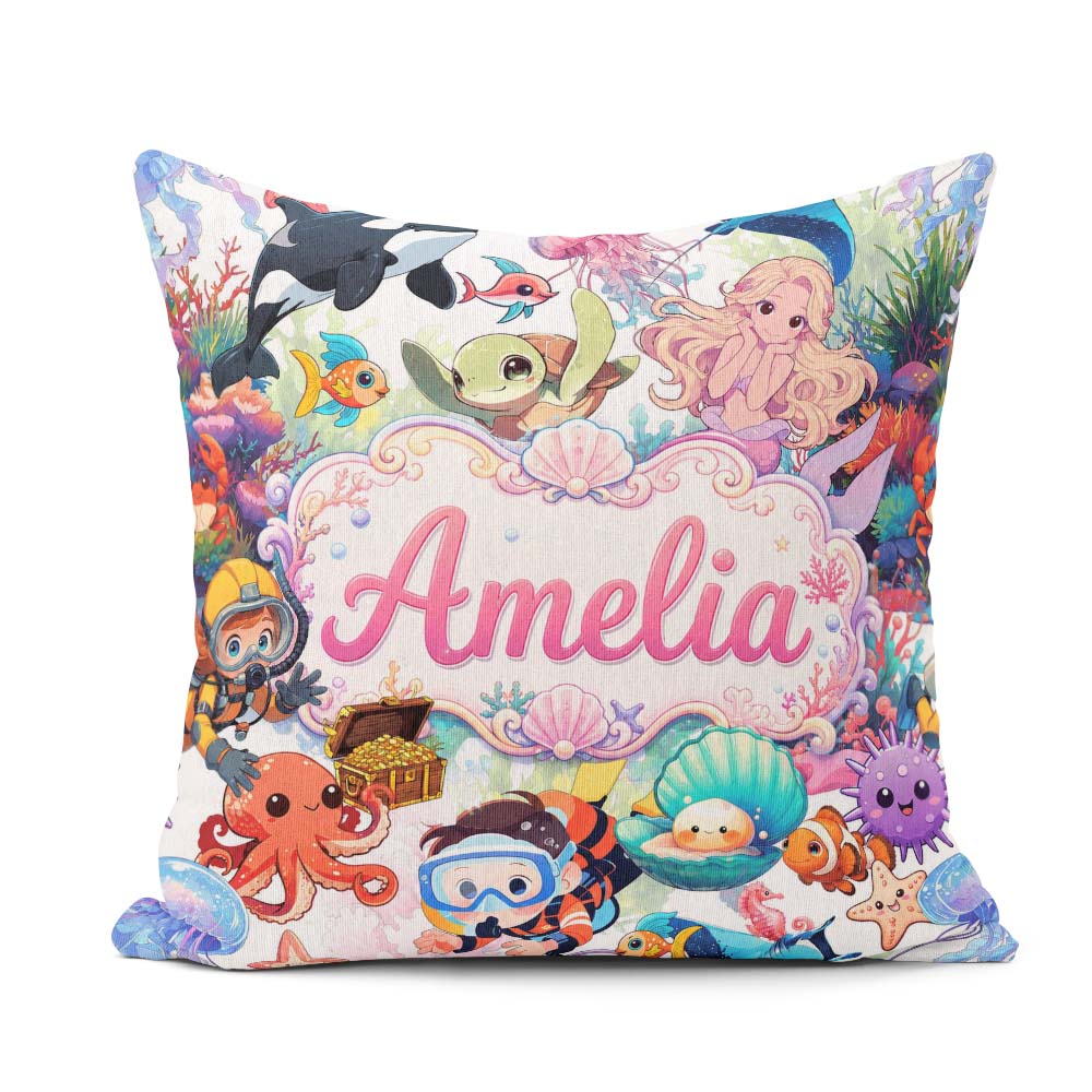 Custom Name Cute Underwater Ocean Animals Mermaid Dolphin Turtle Square Filled Cushion Throw Pillow Sofa Bed Home Decor Zip Washable UK Made