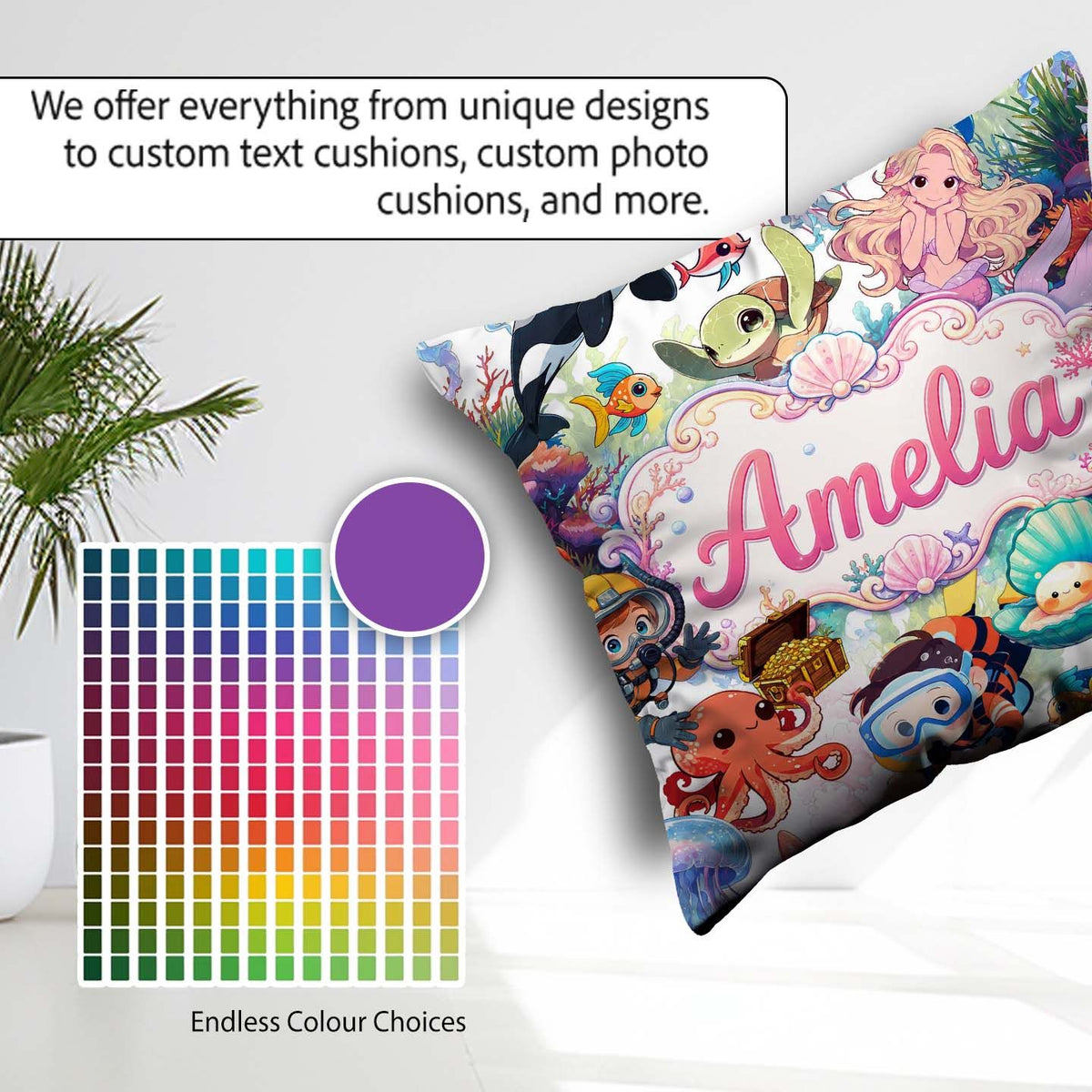 Custom Name Cute Underwater Ocean Animals Mermaid Dolphin Turtle Square Filled Cushion Throw Pillow Sofa Bed Home Decor Zip Washable UK Made
