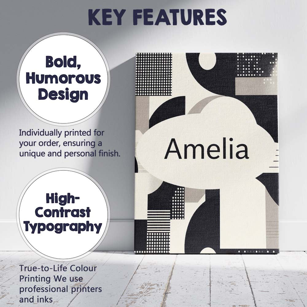 Personalised Name Modern Geometric Circles Black Cream Mid Century Custom Unique Canvas Wall Art Print Decor Picture Ready to Hang