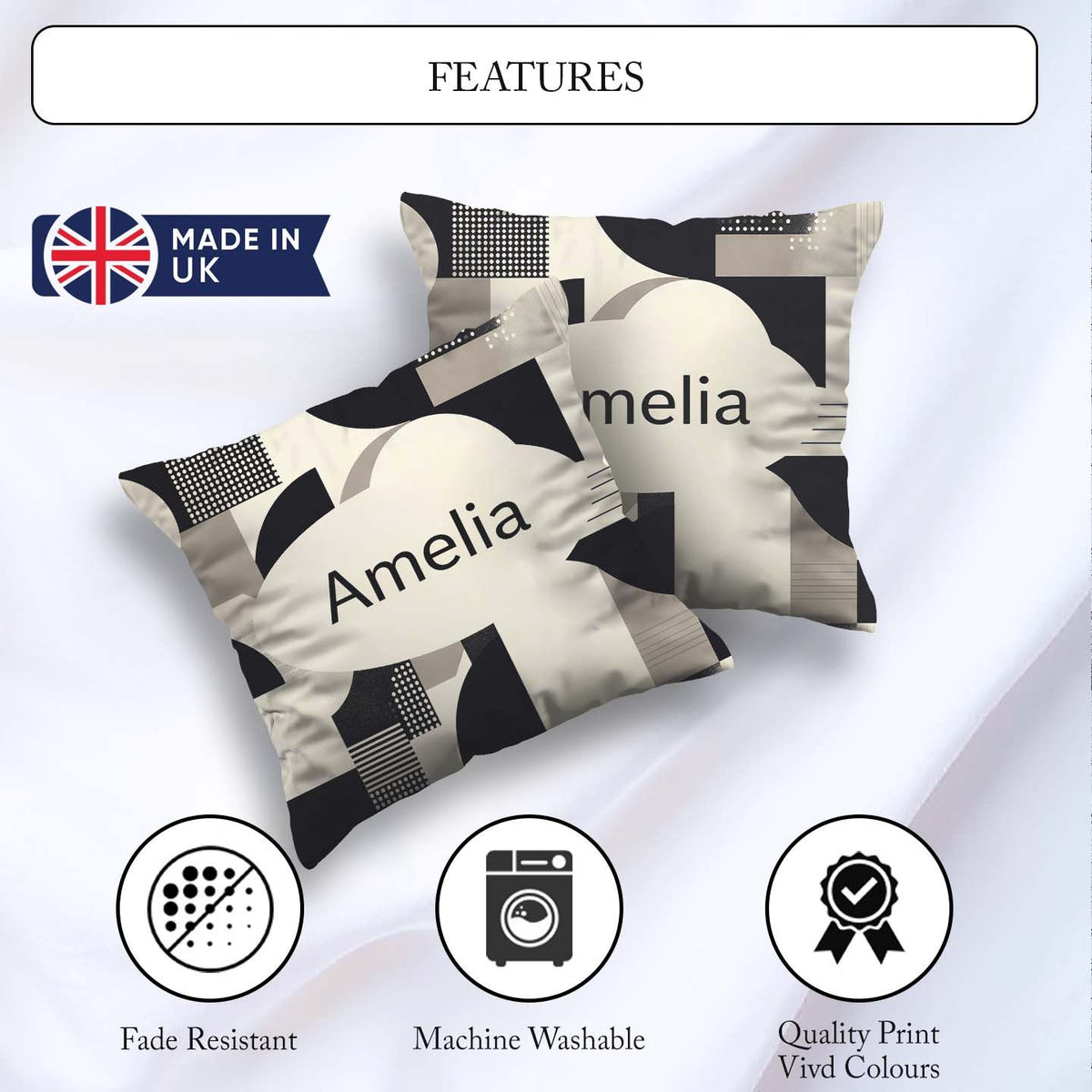 Custom Name Modern Geometric Circles Black Cream Century Pattern Square Filled Cushion Throw Pillow Sofa Bed Home Decor Zip Washable UK Made