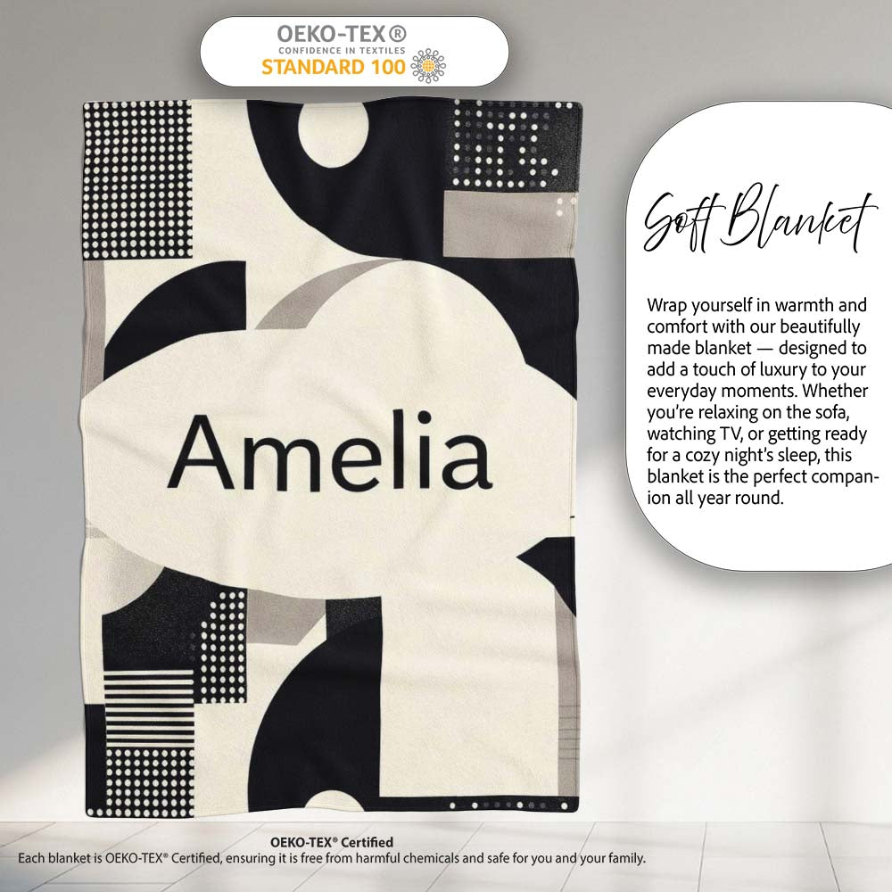 Modern Geometric Circles Black Cream Mid Century Abstract Pattern Personalised Custom Name Super Soft Fleece Blanket Bed Sofa Throw