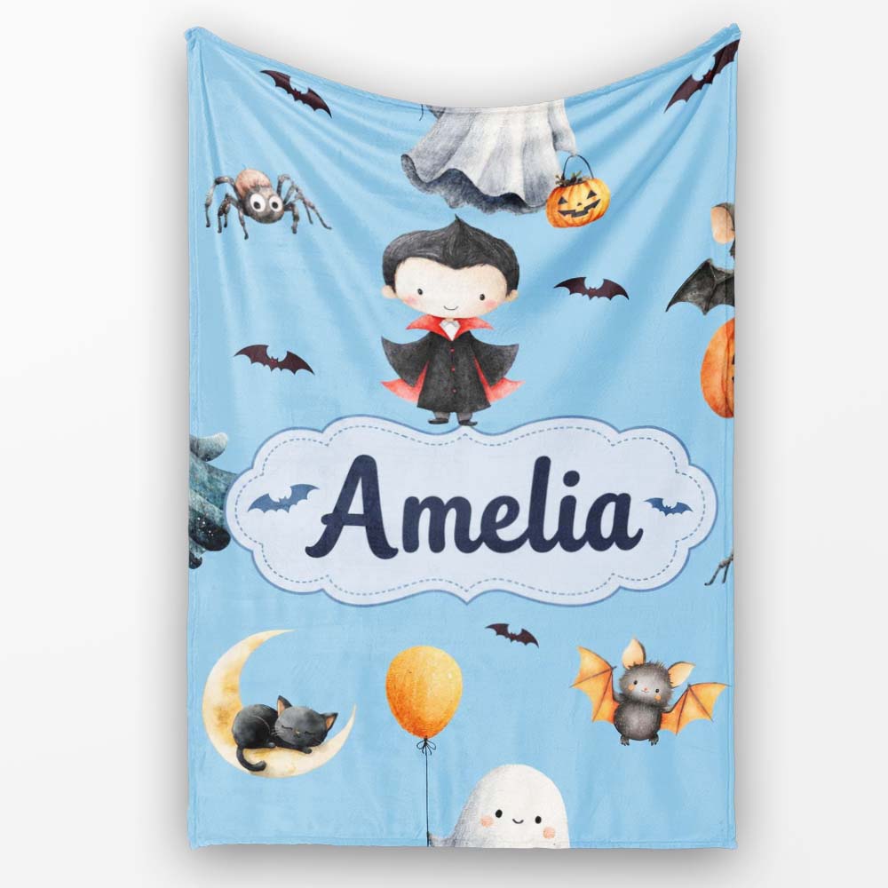 Cute Halloween Dracula Ghost Bats on Blue Background Seamless Lovely Personalised Custom Name Super Soft Fleece Blanket Bed Sofa Throw