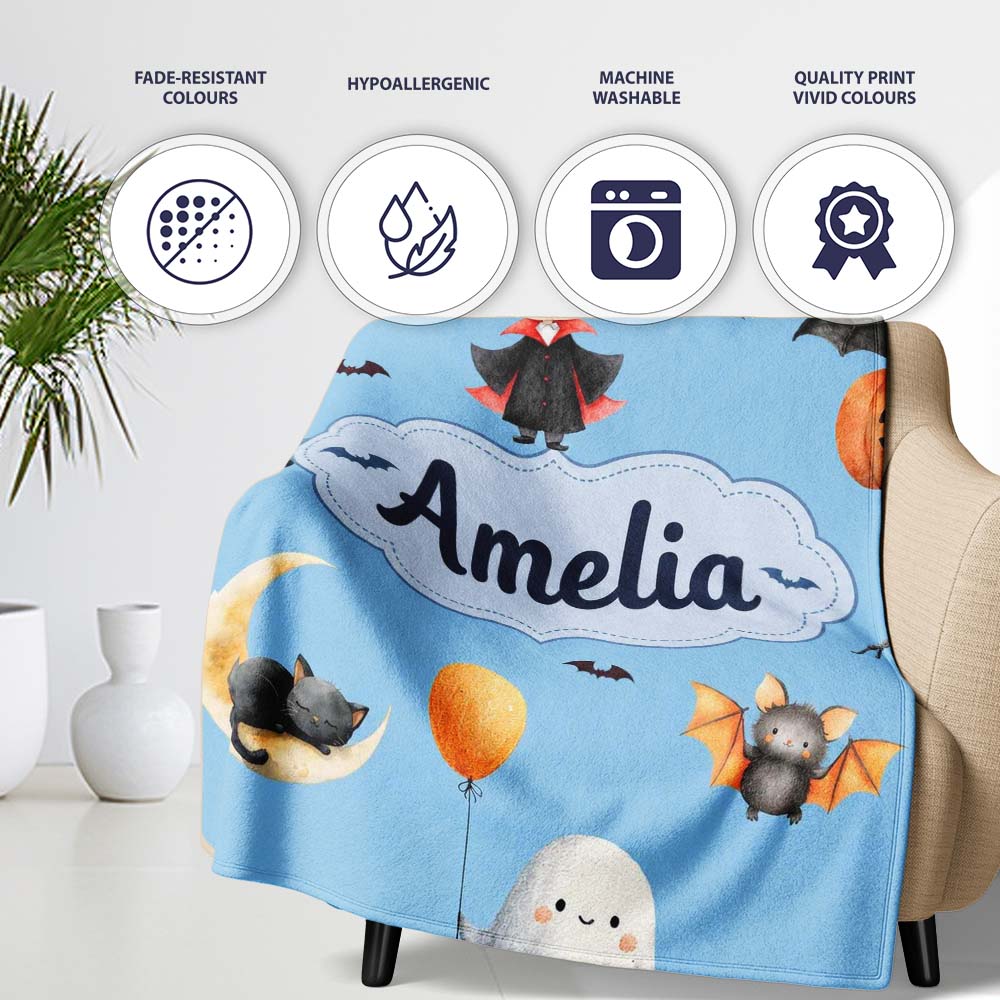 Cute Halloween Dracula Ghost Bats on Blue Background Seamless Lovely Personalised Custom Name Super Soft Fleece Blanket Bed Sofa Throw