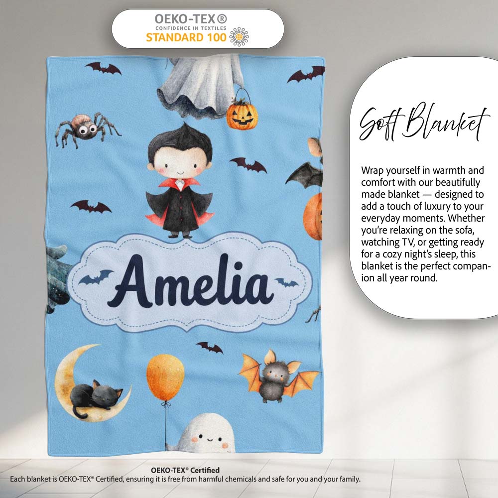 Cute Halloween Dracula Ghost Bats on Blue Background Seamless Lovely Personalised Custom Name Super Soft Fleece Blanket Bed Sofa Throw