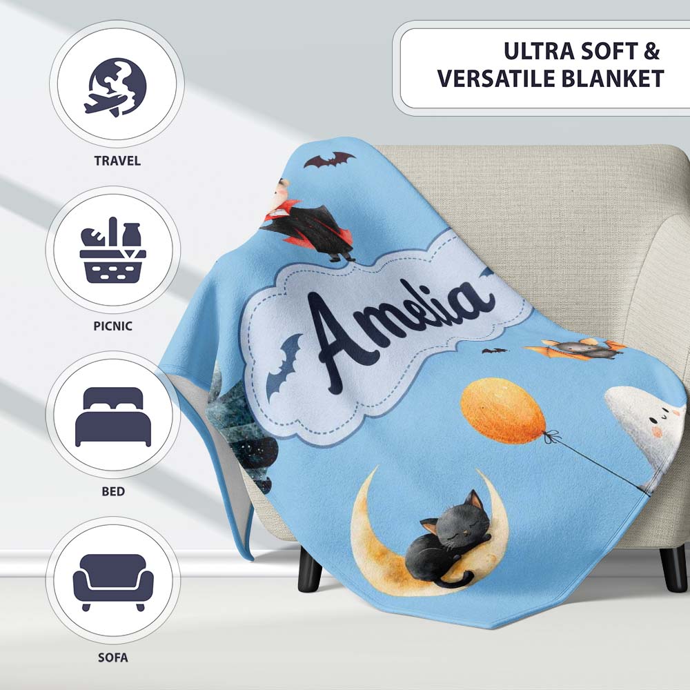 Cute Halloween Dracula Ghost Bats on Blue Background Seamless Lovely Personalised Custom Name Super Soft Fleece Blanket Bed Sofa Throw