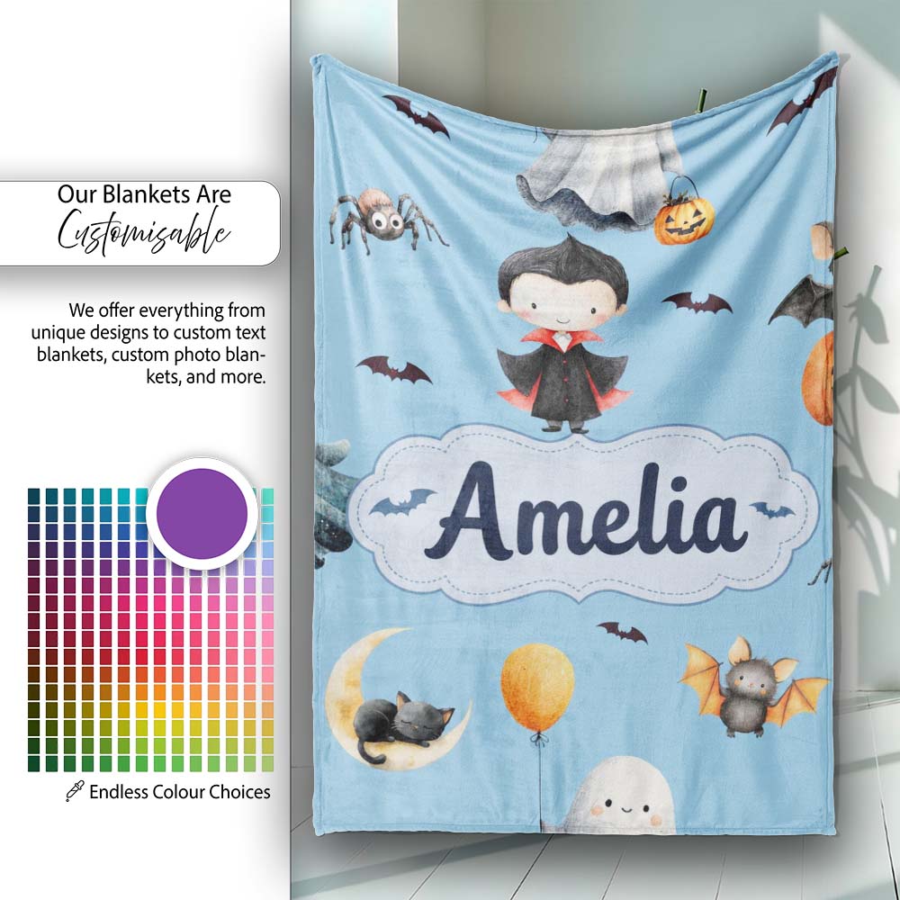 Cute Halloween Dracula Ghost Bats on Blue Background Seamless Lovely Personalised Custom Name Super Soft Fleece Blanket Bed Sofa Throw
