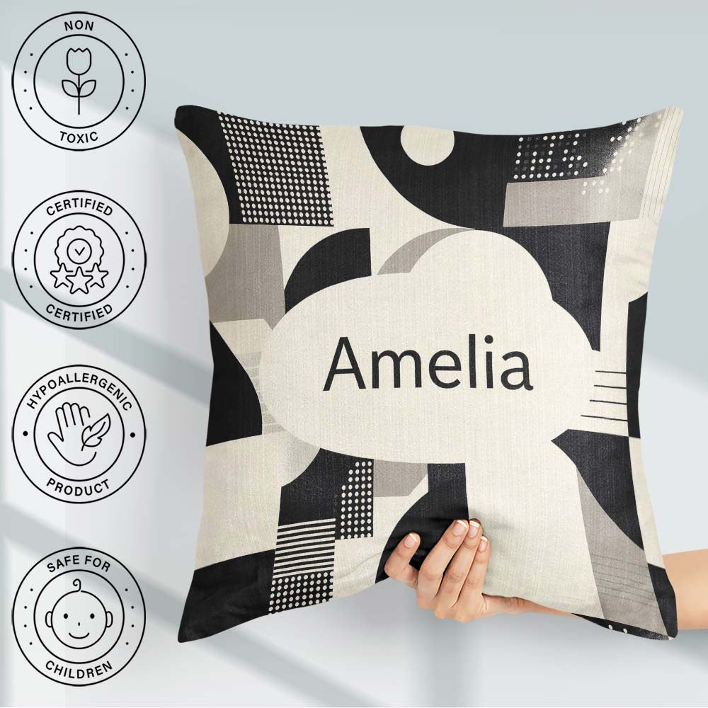 Custom Name Modern Geometric Circles Black Cream Century Pattern Square Filled Cushion Throw Pillow Sofa Bed Home Decor Zip Washable UK Made