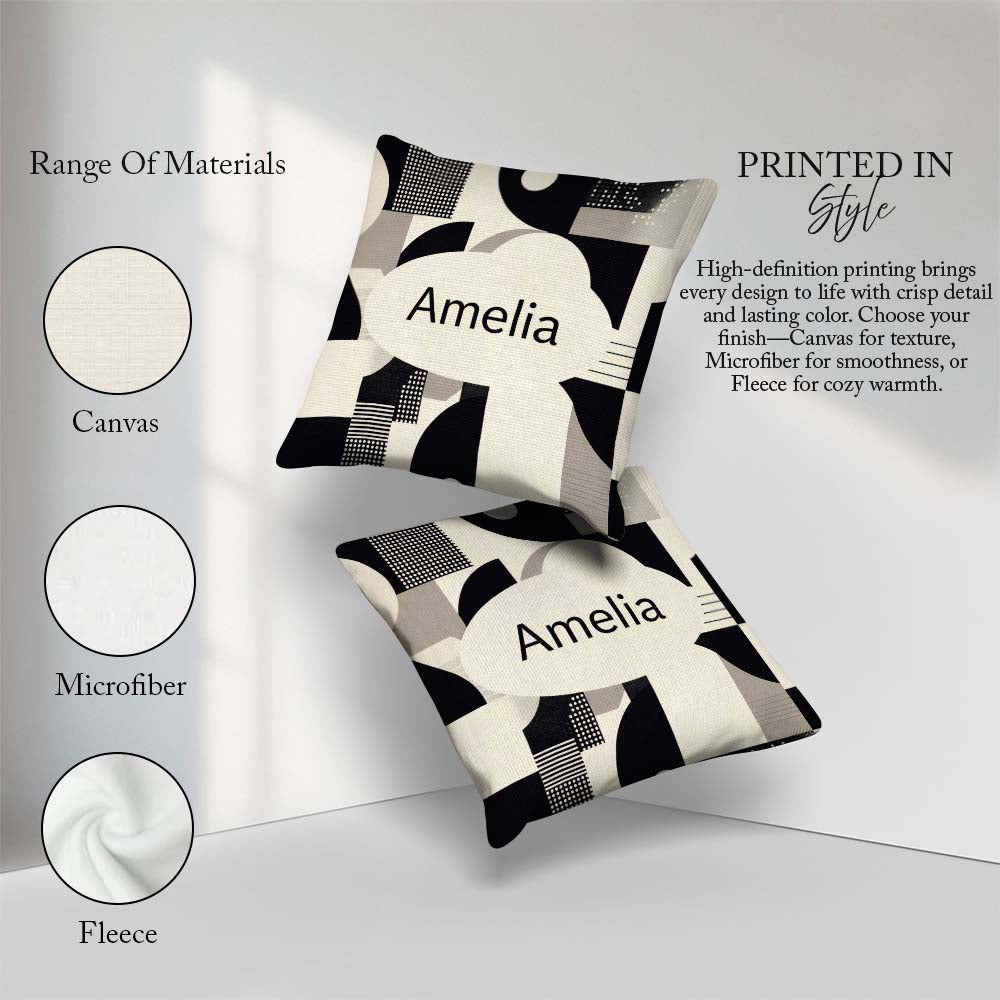 Custom Name Modern Geometric Circles Black Cream Century Pattern Square Filled Cushion Throw Pillow Sofa Bed Home Decor Zip Washable UK Made