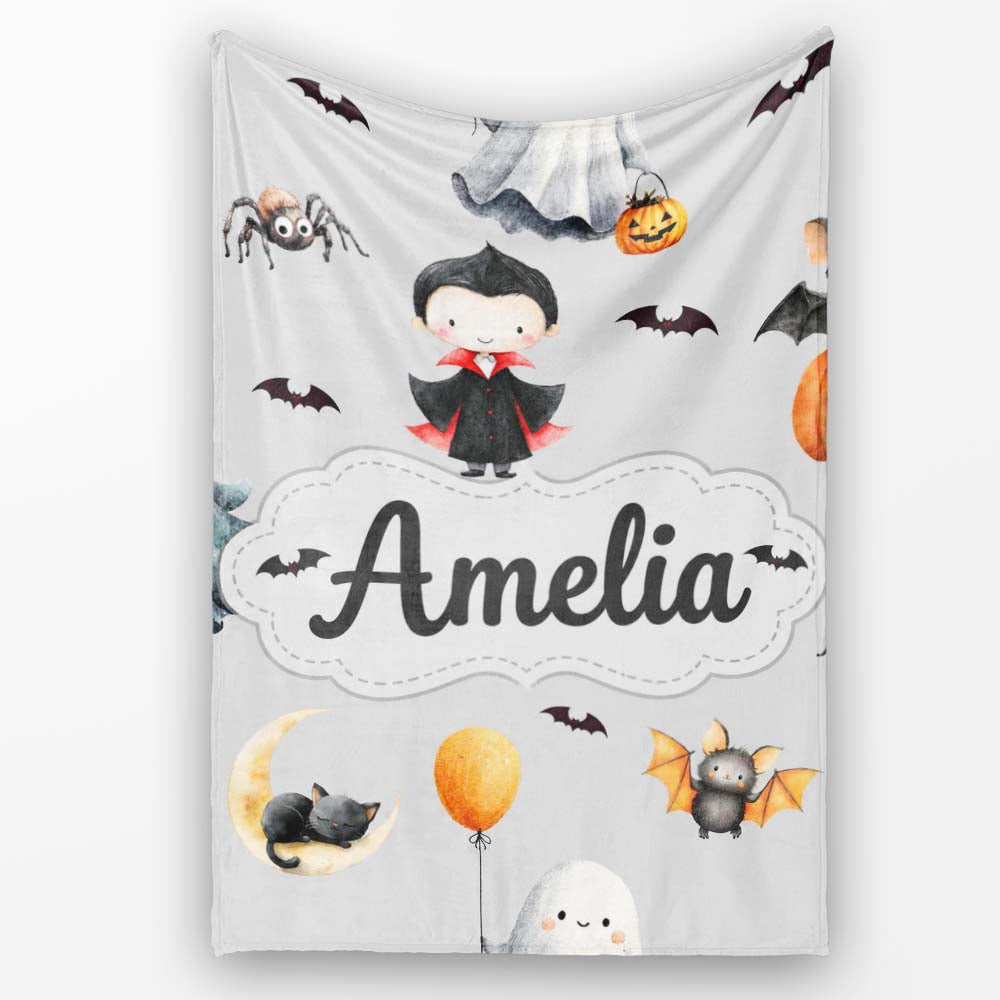 Cute Halloween Dracula Ghost Bats on Grey Background Seamless Lovely Personalised Custom Name Super Soft Fleece Blanket Bed Sofa Throw