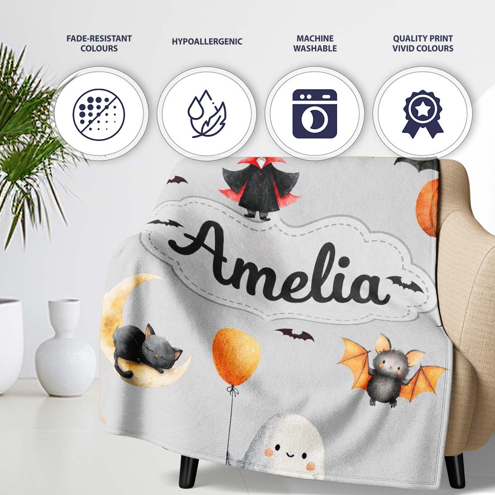 Cute Halloween Dracula Ghost Bats on Grey Background Seamless Lovely Personalised Custom Name Super Soft Fleece Blanket Bed Sofa Throw