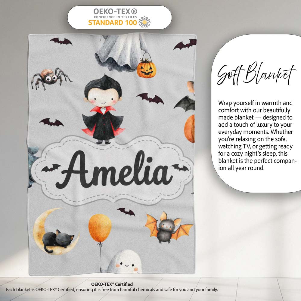 Cute Halloween Dracula Ghost Bats on Grey Background Seamless Lovely Personalised Custom Name Super Soft Fleece Blanket Bed Sofa Throw