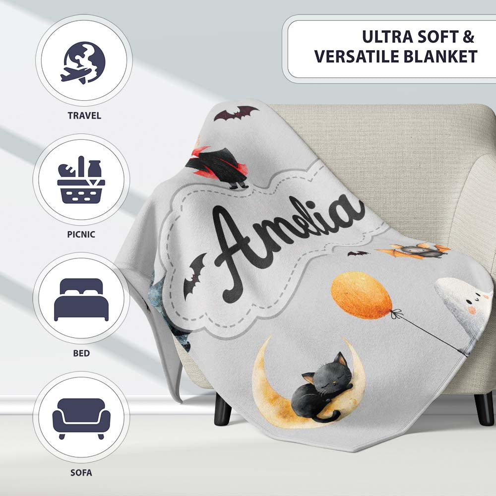 Cute Halloween Dracula Ghost Bats on Grey Background Seamless Lovely Personalised Custom Name Super Soft Fleece Blanket Bed Sofa Throw