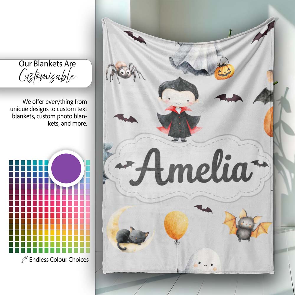 Cute Halloween Dracula Ghost Bats on Grey Background Seamless Lovely Personalised Custom Name Super Soft Fleece Blanket Bed Sofa Throw