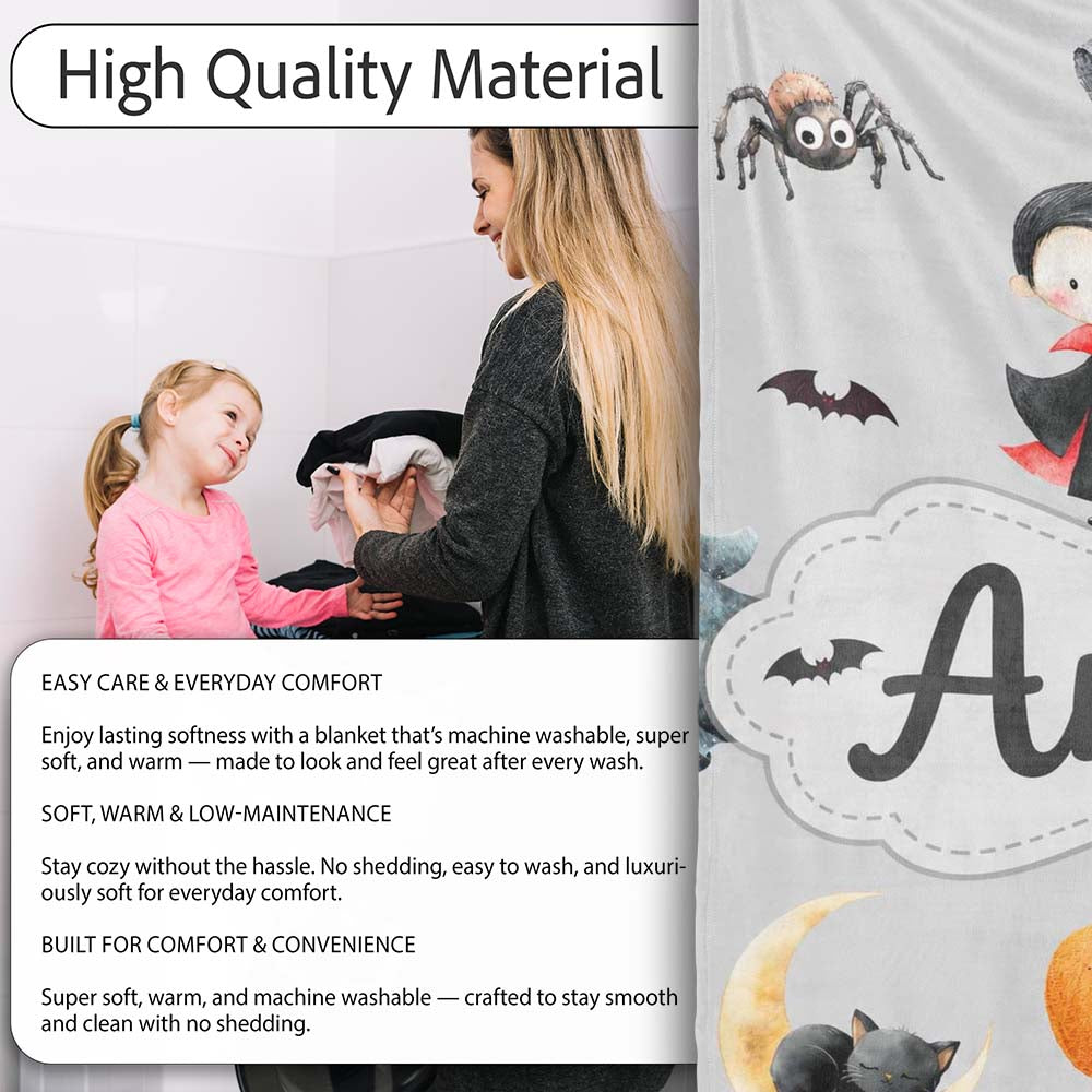 Cute Halloween Dracula Ghost Bats on Grey Background Seamless Lovely Personalised Custom Name Super Soft Fleece Blanket Bed Sofa Throw