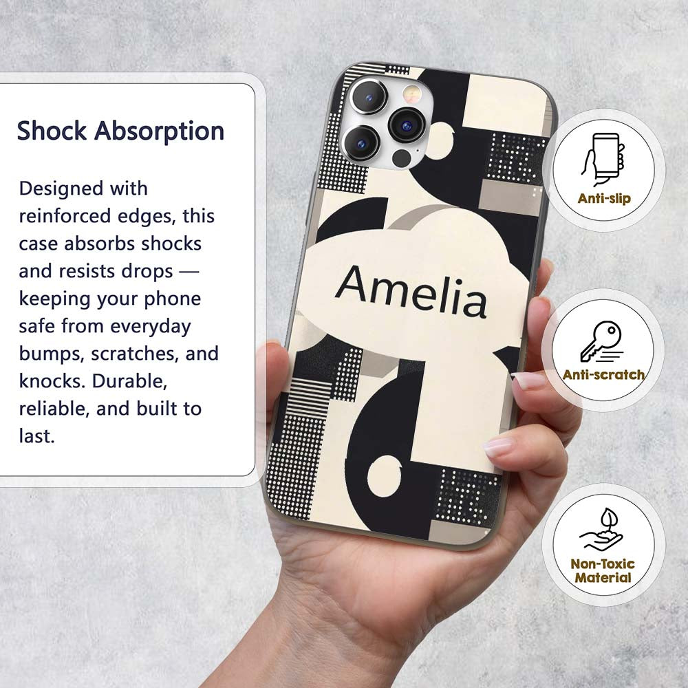 Modern Geometric Circles Black Cream Mid Century Custom Name Protective Phone Case Mobile Cover Durable Everyday Smartphone Shock Resistant