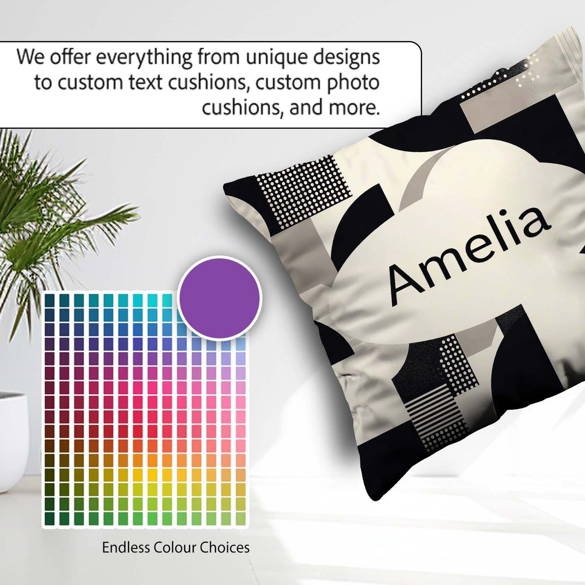 Custom Name Modern Geometric Circles Black Cream Century Pattern Square Filled Cushion Throw Pillow Sofa Bed Home Decor Zip Washable UK Made