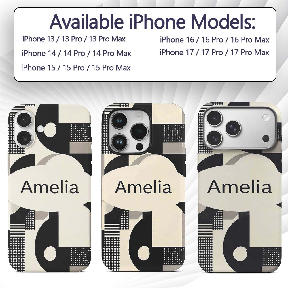 Modern Geometric Circles Black Cream Mid Century Custom Name Protective Phone Case Mobile Cover Durable Everyday Smartphone Shock Resistant