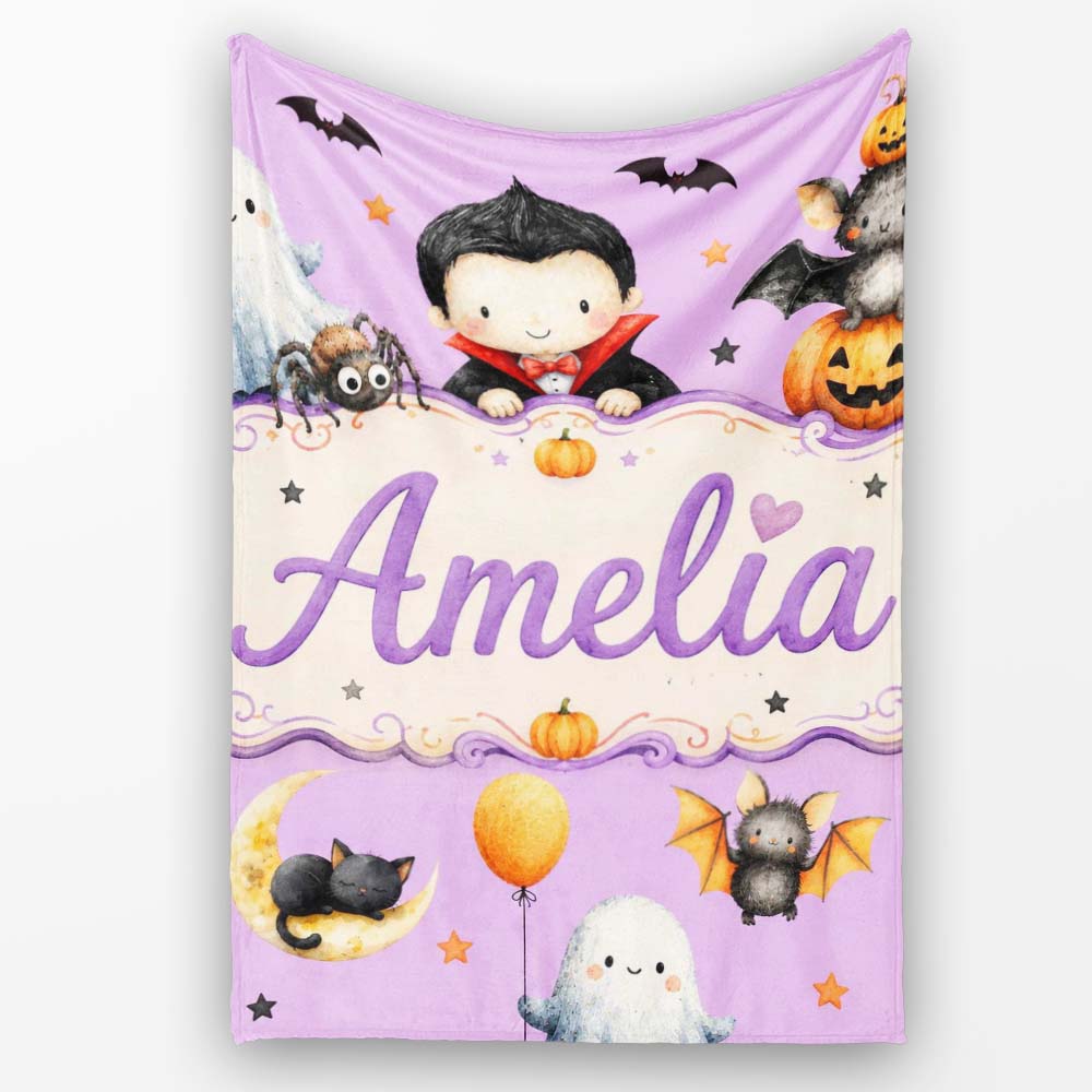 Cute Halloween Dracula Ghost Bats on Purple Background Seamless Personalised Custom Name Super Soft Fleece Blanket Bed Sofa Throw