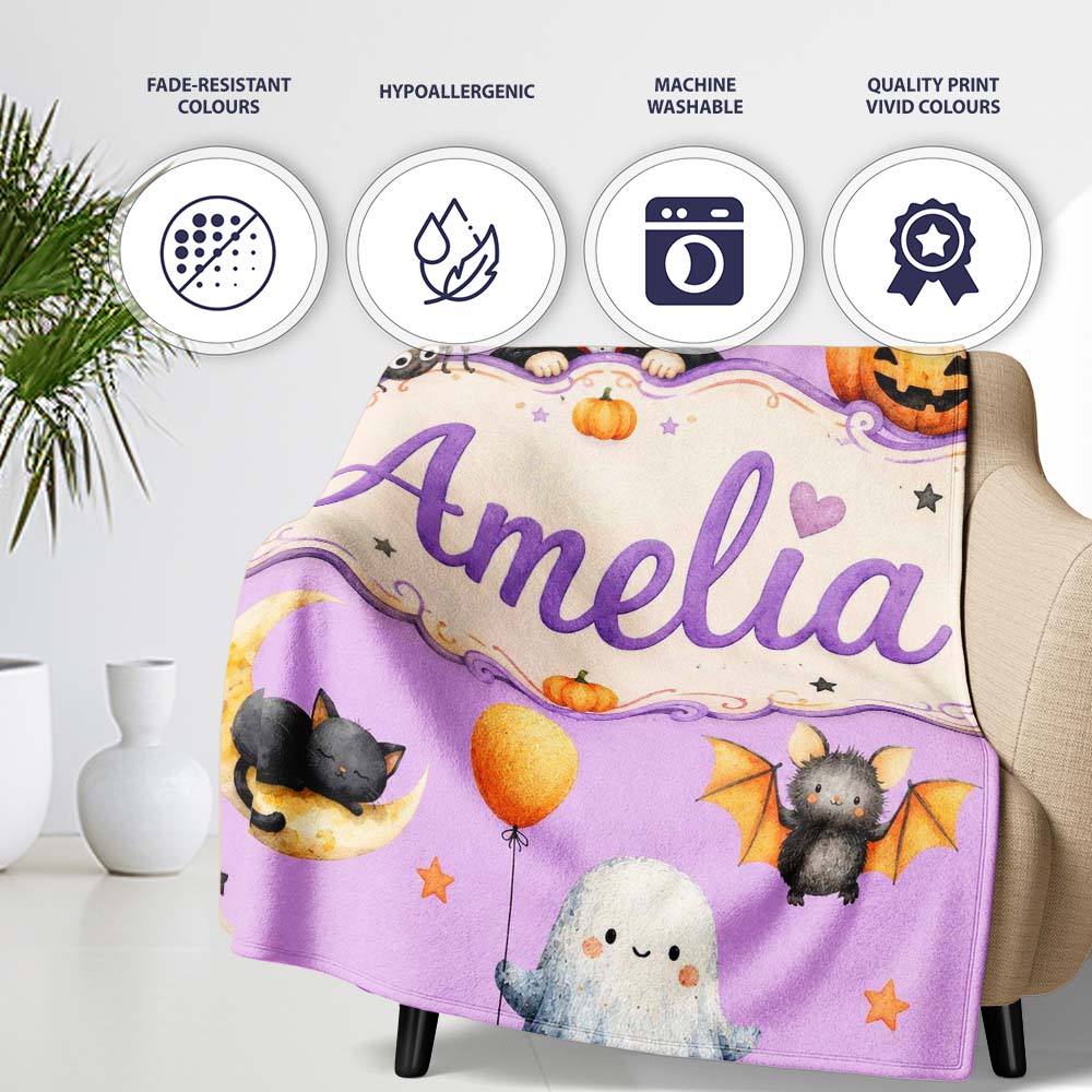 Cute Halloween Dracula Ghost Bats on Purple Background Seamless Personalised Custom Name Super Soft Fleece Blanket Bed Sofa Throw