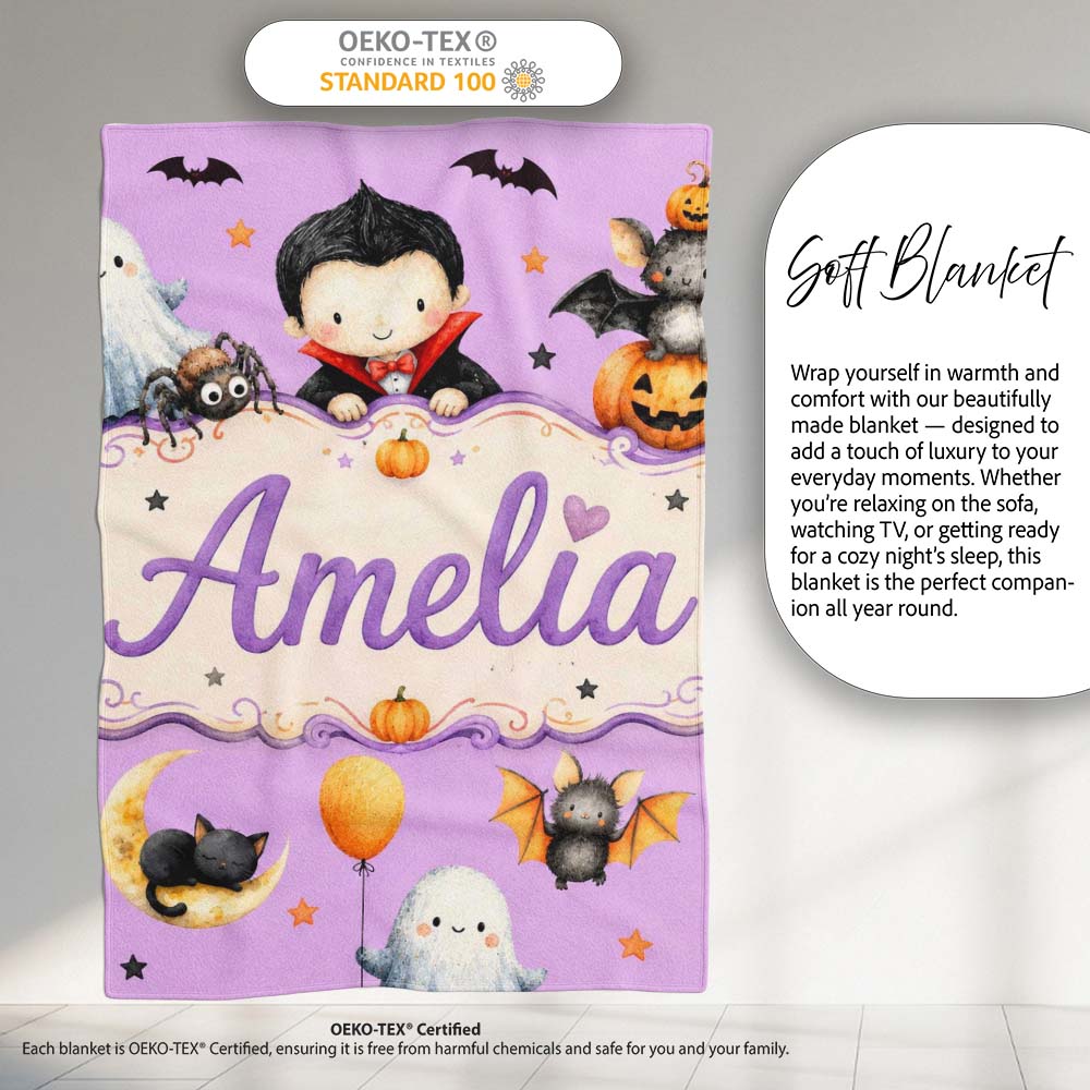 Cute Halloween Dracula Ghost Bats on Purple Background Seamless Personalised Custom Name Super Soft Fleece Blanket Bed Sofa Throw