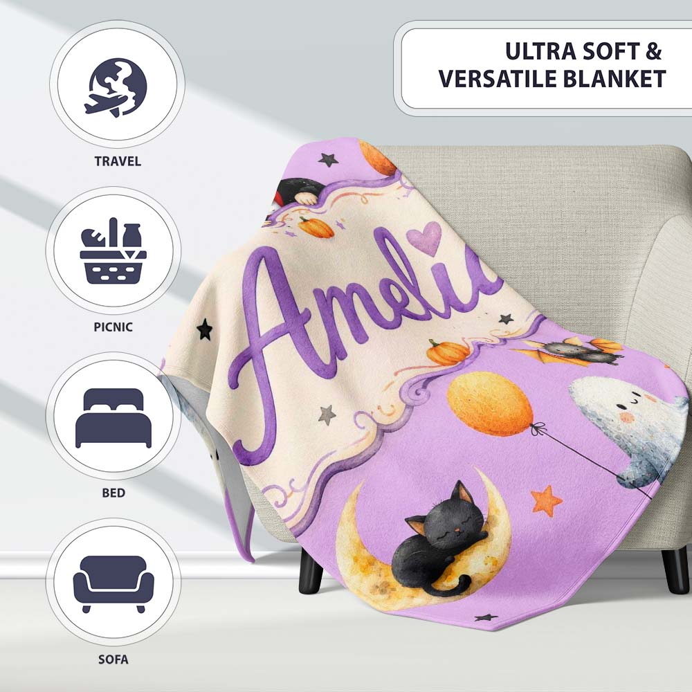 Cute Halloween Dracula Ghost Bats on Purple Background Seamless Personalised Custom Name Super Soft Fleece Blanket Bed Sofa Throw