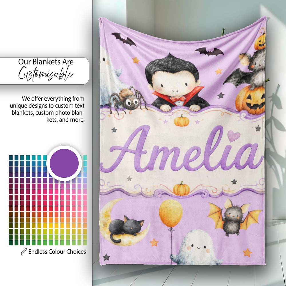 Cute Halloween Dracula Ghost Bats on Purple Background Seamless Personalised Custom Name Super Soft Fleece Blanket Bed Sofa Throw