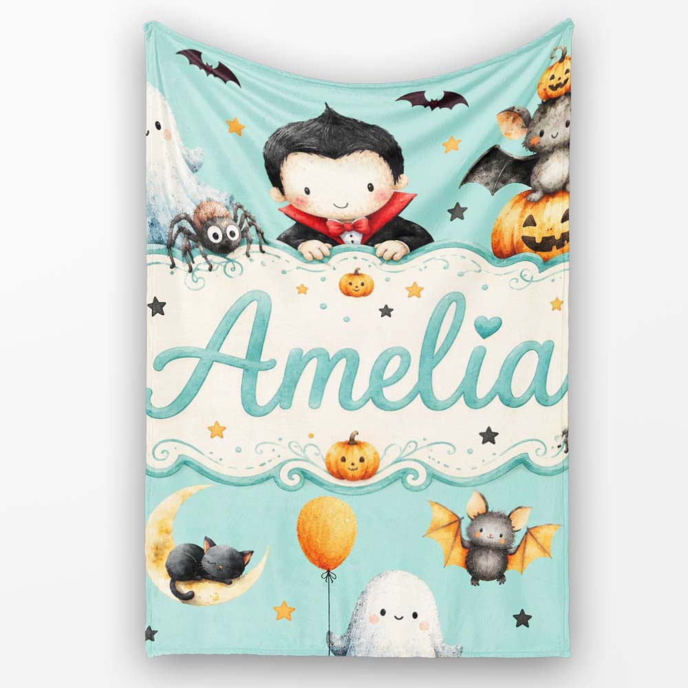 Cute Halloween Dracula Ghost Bats on Mint Green Background Seamless Personalised Custom Name Super Soft Fleece Blanket Bed Sofa Throw