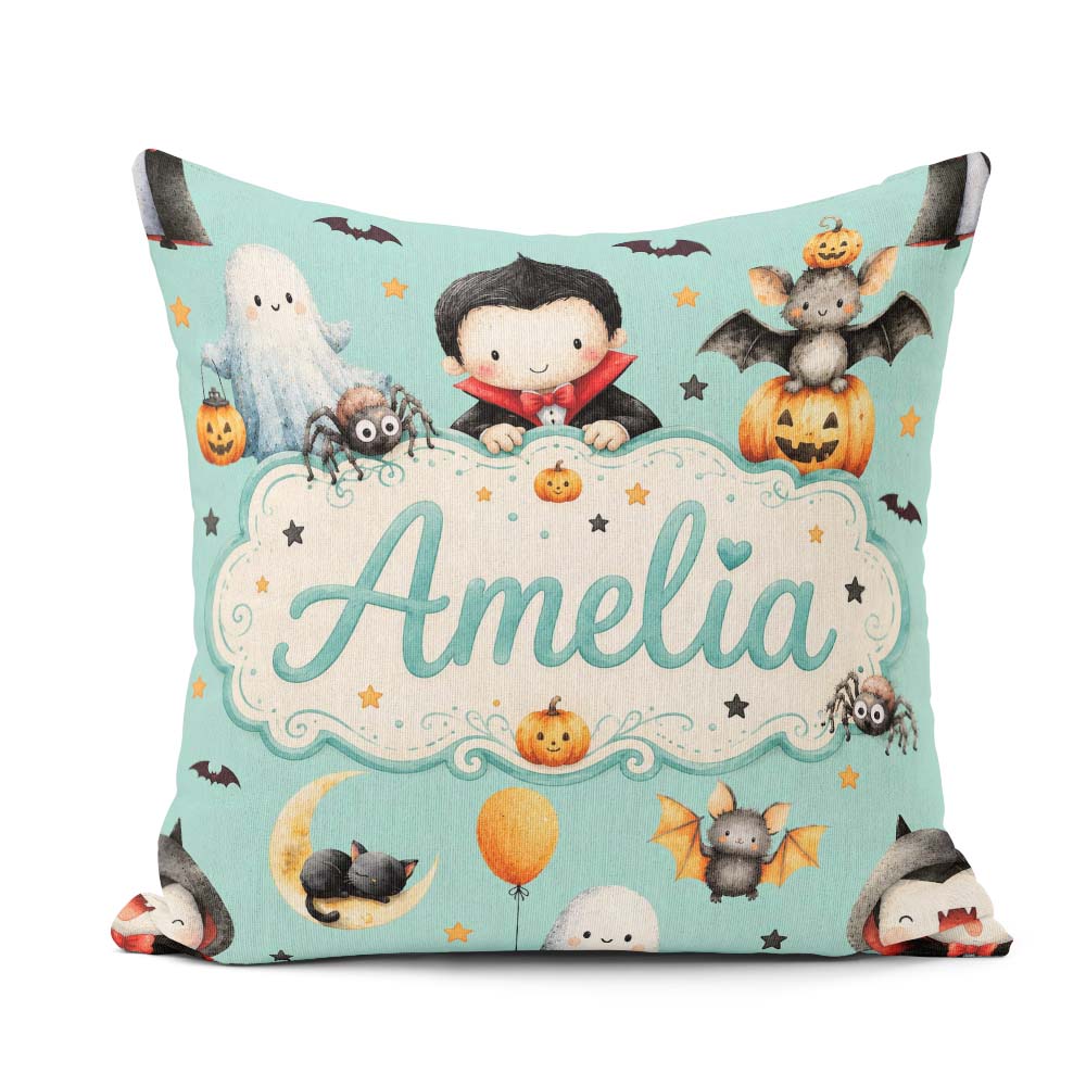 Custom Name Dracula Ghost Bats on Mint Green Background Seamless Square Filled Cushion Throw Pillow Sofa Bed Home Decor Zip Washable UK Made