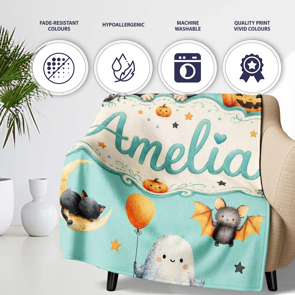 Cute Halloween Dracula Ghost Bats on Mint Green Background Seamless Personalised Custom Name Super Soft Fleece Blanket Bed Sofa Throw
