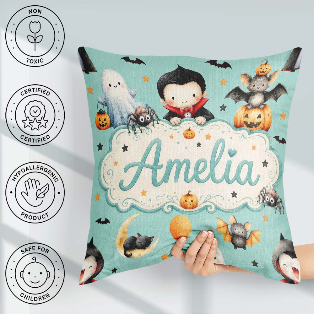 Custom Name Dracula Ghost Bats on Mint Green Background Seamless Square Filled Cushion Throw Pillow Sofa Bed Home Decor Zip Washable UK Made