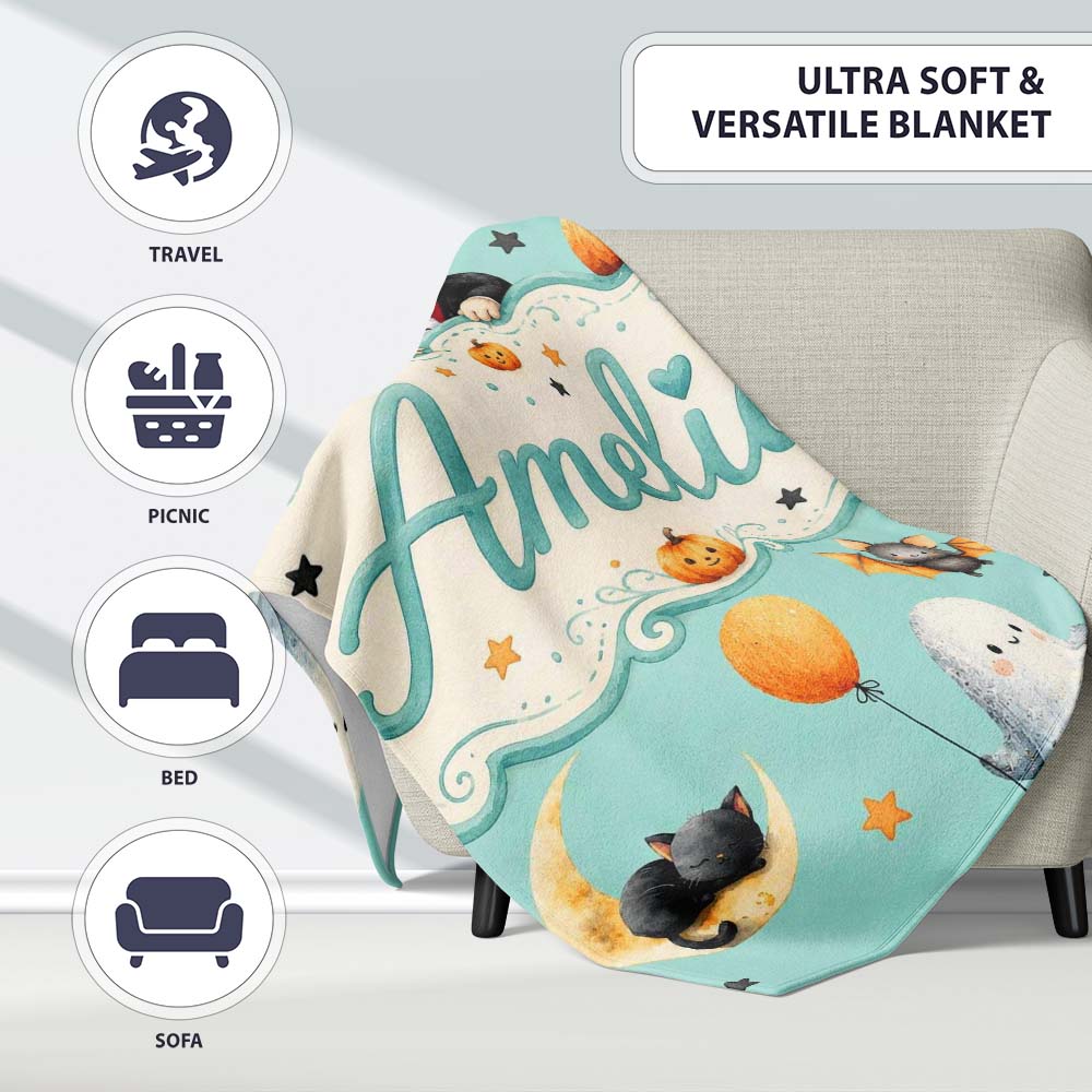Cute Halloween Dracula Ghost Bats on Mint Green Background Seamless Personalised Custom Name Super Soft Fleece Blanket Bed Sofa Throw