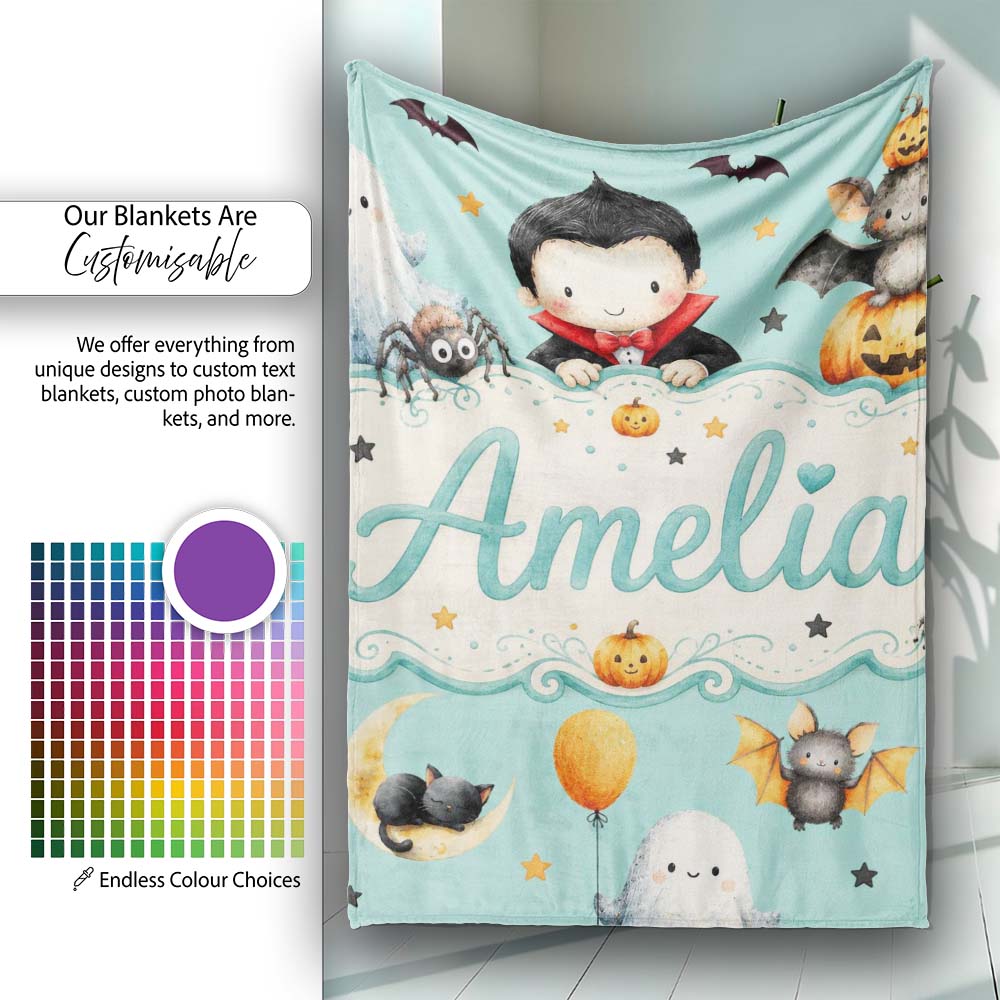 Cute Halloween Dracula Ghost Bats on Mint Green Background Seamless Personalised Custom Name Super Soft Fleece Blanket Bed Sofa Throw