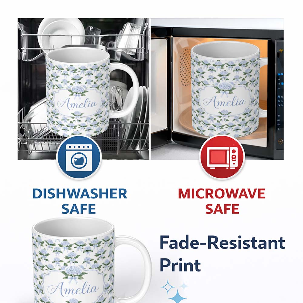 Personalized Custom Name Blue Hydrangea Bouquet Ribbon Floral Seamless Pattern Lovely 11oz Ceramic Coffee Tea Mug White Large Handle
