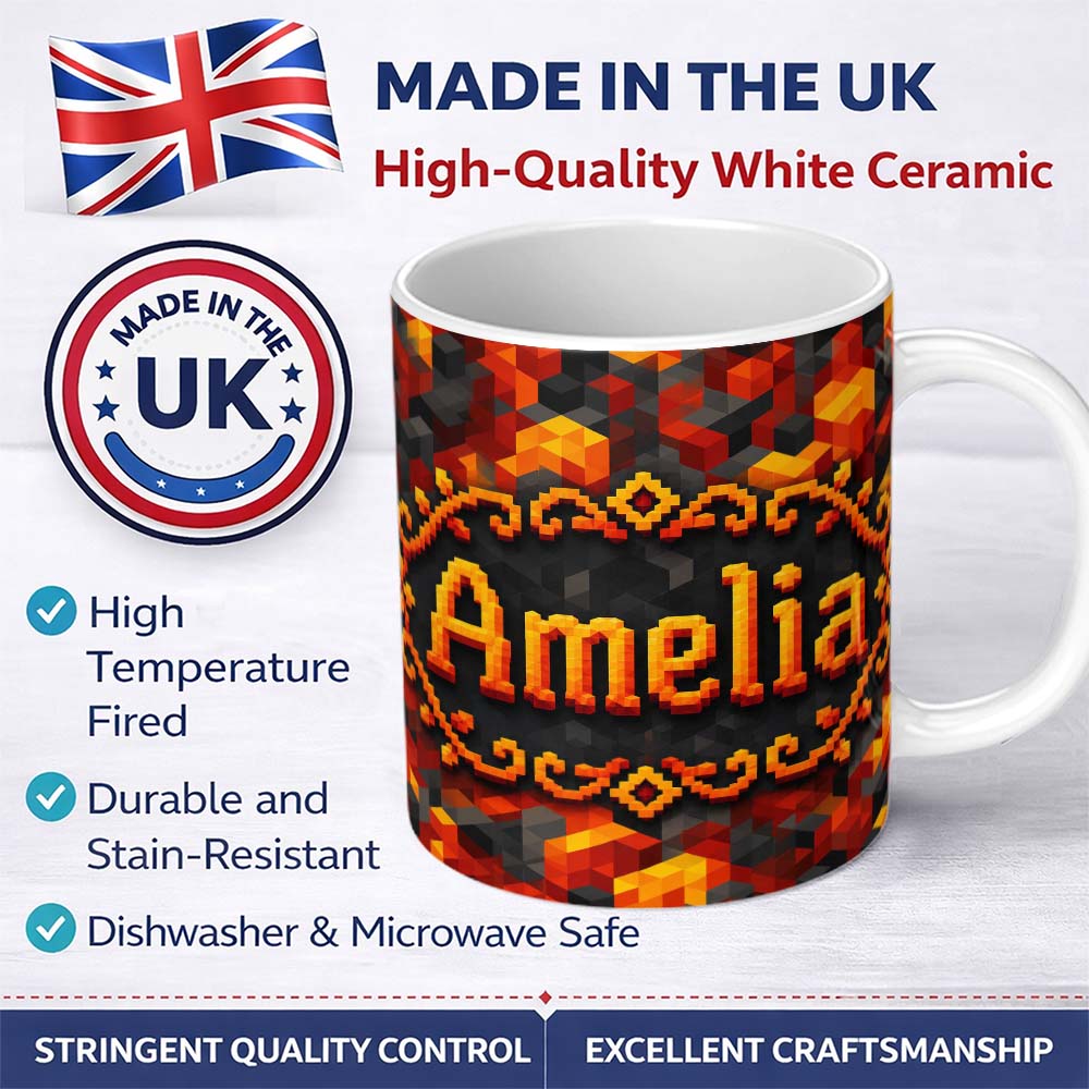 Personalized Custom Name Red Yellow Geometric Cube Abstract Seamless Pattern Cute Unique Gift 11oz Ceramic Coffee Tea Mug White Large Handle