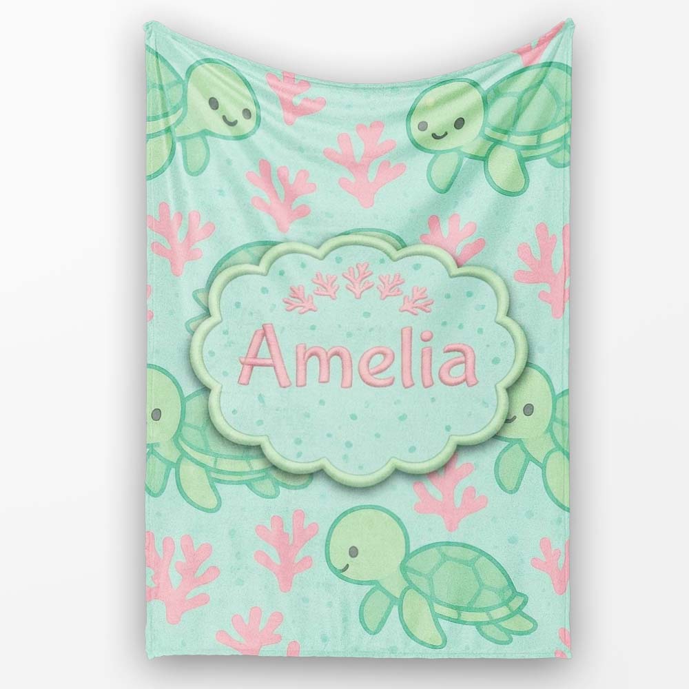 Cute Sea Turtle Coral Cartoon Animal Pattern Charming Decor Personalised Custom Name Super Soft Fleece Blanket Bed Sofa Throw