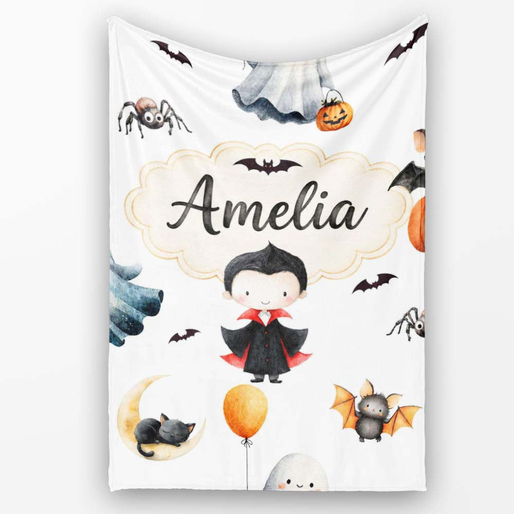 Cute Halloween Dracula Ghost Bats on Light Grey Background Seamless Personalised Custom Name Super Soft Fleece Blanket Bed Sofa Throw