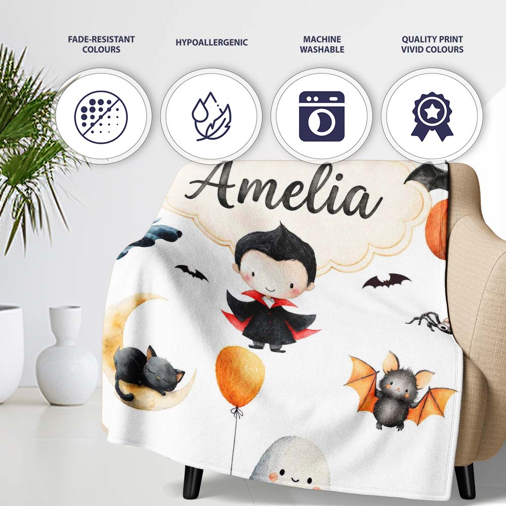 Cute Halloween Dracula Ghost Bats on Light Grey Background Seamless Personalised Custom Name Super Soft Fleece Blanket Bed Sofa Throw
