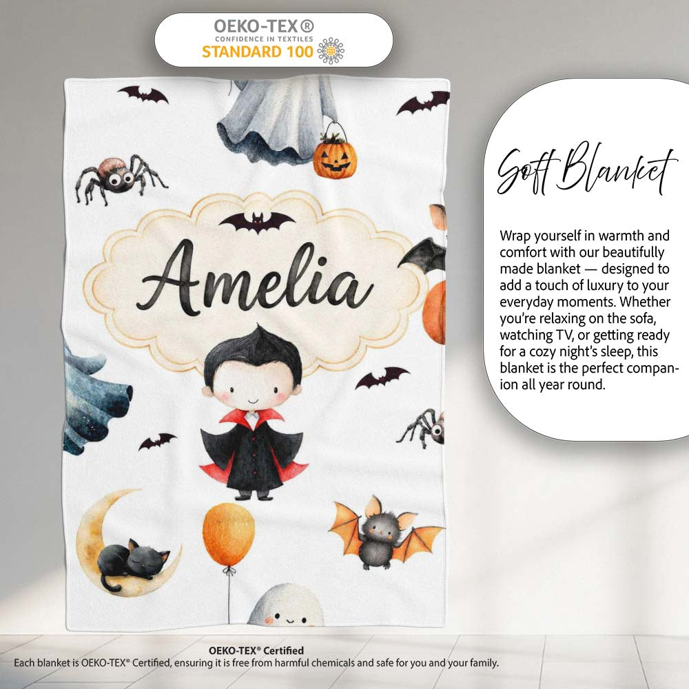 Cute Halloween Dracula Ghost Bats on Light Grey Background Seamless Personalised Custom Name Super Soft Fleece Blanket Bed Sofa Throw