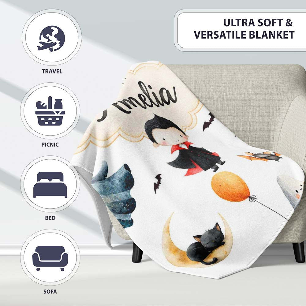 Cute Halloween Dracula Ghost Bats on Light Grey Background Seamless Personalised Custom Name Super Soft Fleece Blanket Bed Sofa Throw