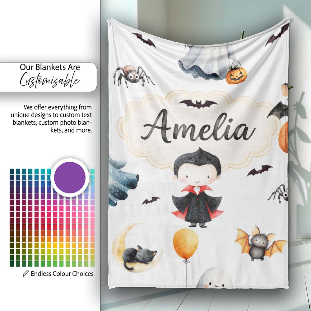 Cute Halloween Dracula Ghost Bats on Light Grey Background Seamless Personalised Custom Name Super Soft Fleece Blanket Bed Sofa Throw