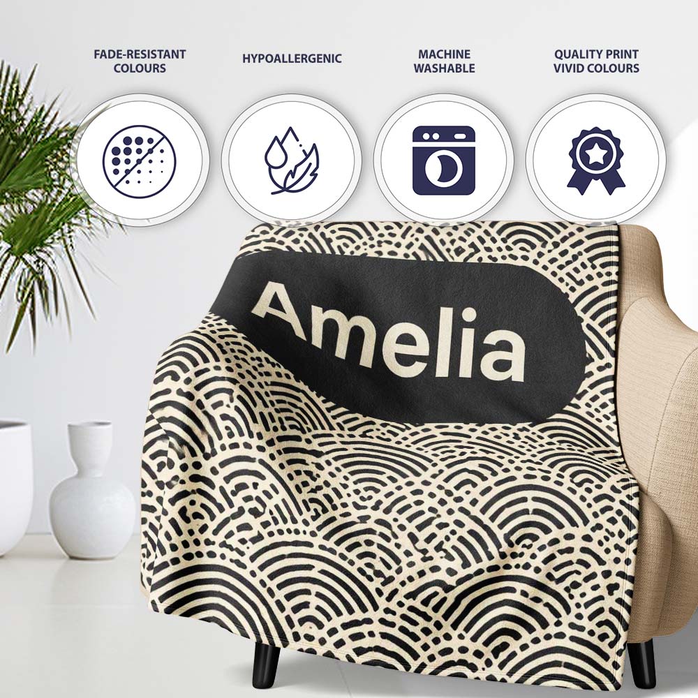 Wave Line Texture Black Cream Flowing Abstract Stripe Pattern Lovely Personalised Custom Name Super Soft Fleece Blanket Bed Sofa Throw