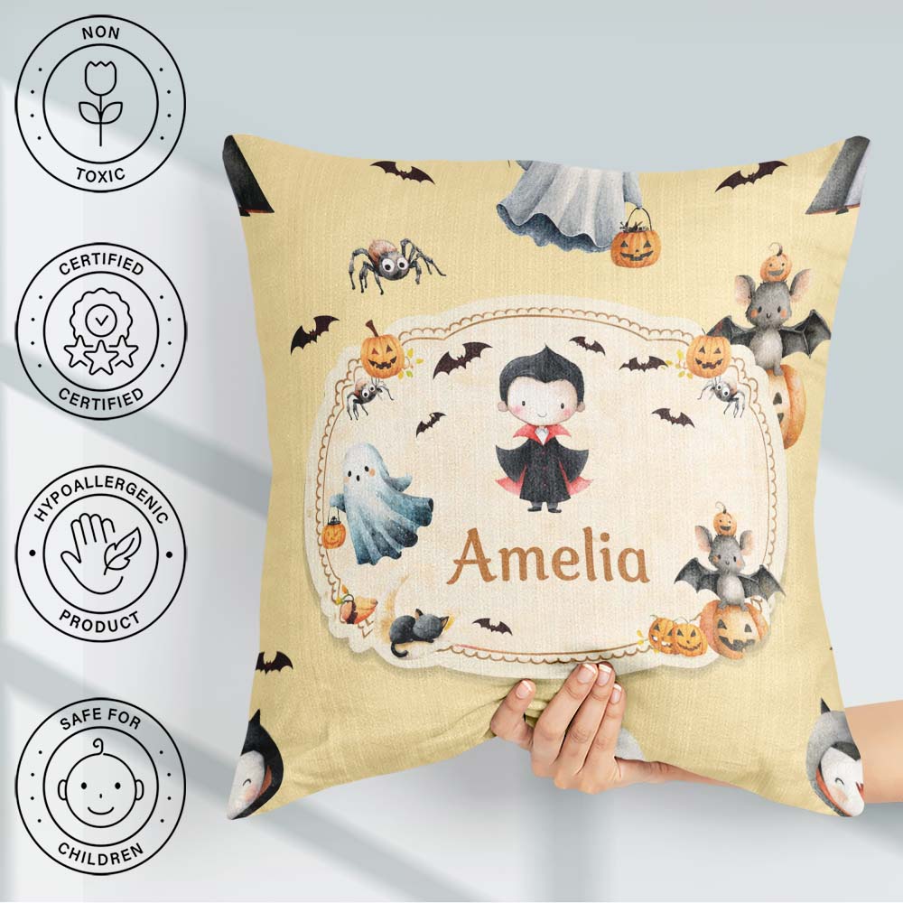 Custom Name Dracula Ghost Bats on Warm Beige Background Seamless Square Filled Cushion Throw Pillow Sofa Bed Home Decor Zip Washable UK Made
