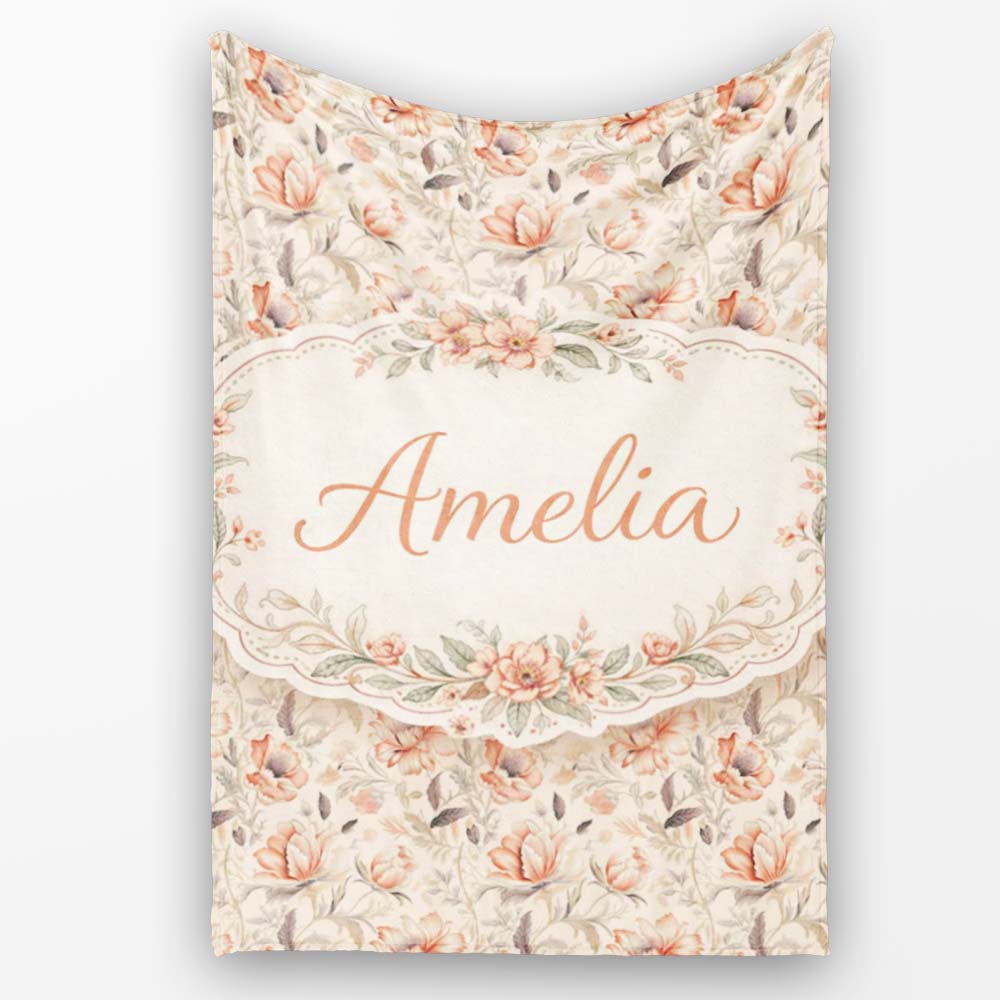 Elegant Peach Floral Blossoms on Soft Cream Background Seamless Personalised Custom Name Super Soft Fleece Blanket Bed Sofa Throw
