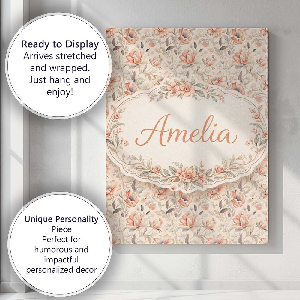 Personalised Name Elegant Peach Floral Custom Unique Gift Idea Modern Room Accent Canvas Wall Art Print Decor Picture Ready to Hang