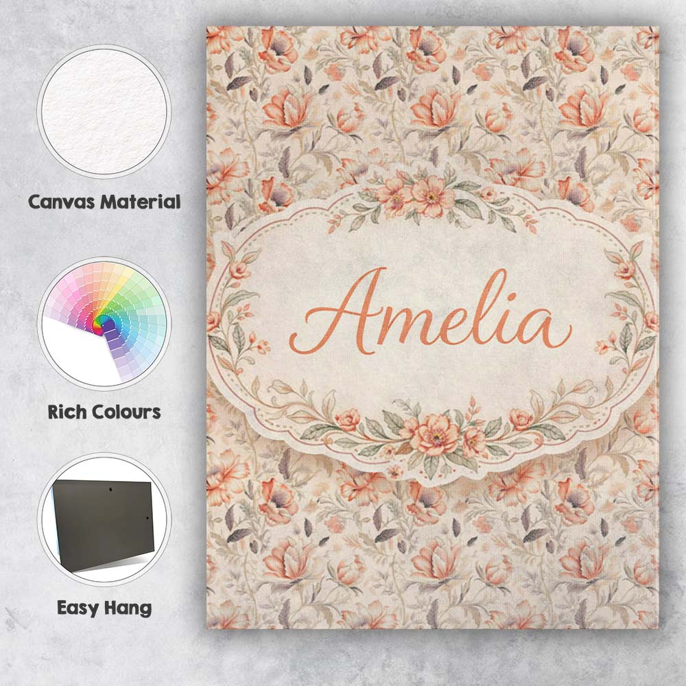 Personalised Name Elegant Peach Floral Custom Unique Gift Idea Modern Room Accent Canvas Wall Art Print Decor Picture Ready to Hang