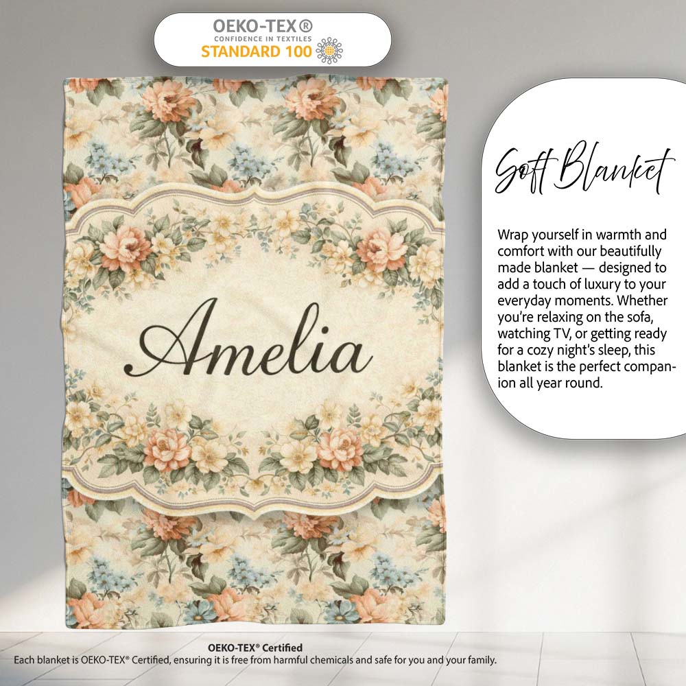 Soft Pastel Floral Garden Bouquet on Cream Background Seamless Personalised Custom Name Super Soft Fleece Blanket Bed Sofa Throw
